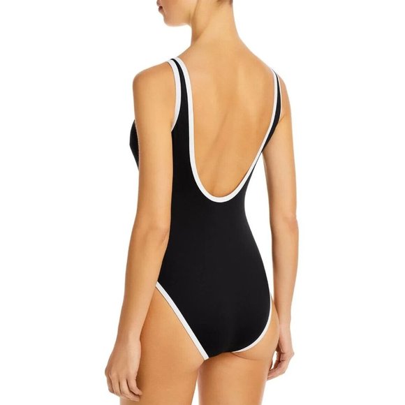 Aqua Swim 1/4 Placket Light Support One Piece Swimsuit Button Black White S - Picture 2 of 5